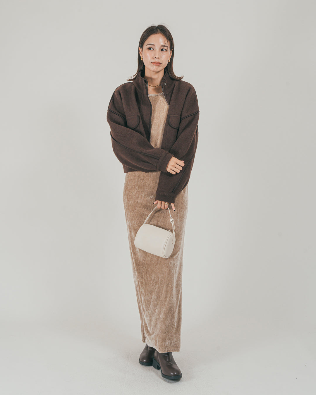 ［SET］Softショートニットブルゾン + ベロア Back Openワンピース（2SET）