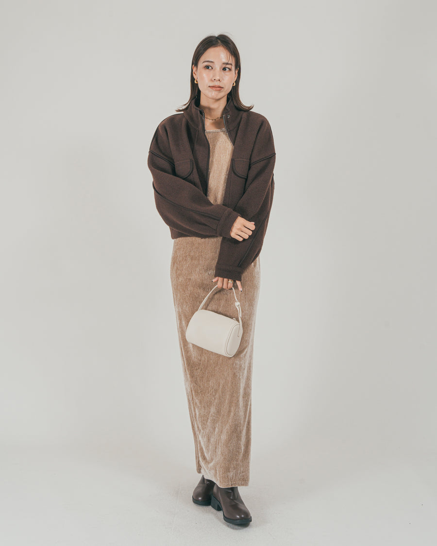 ［SET］Softショートニットブルゾン + ベロア Back Openワンピース（2SET）