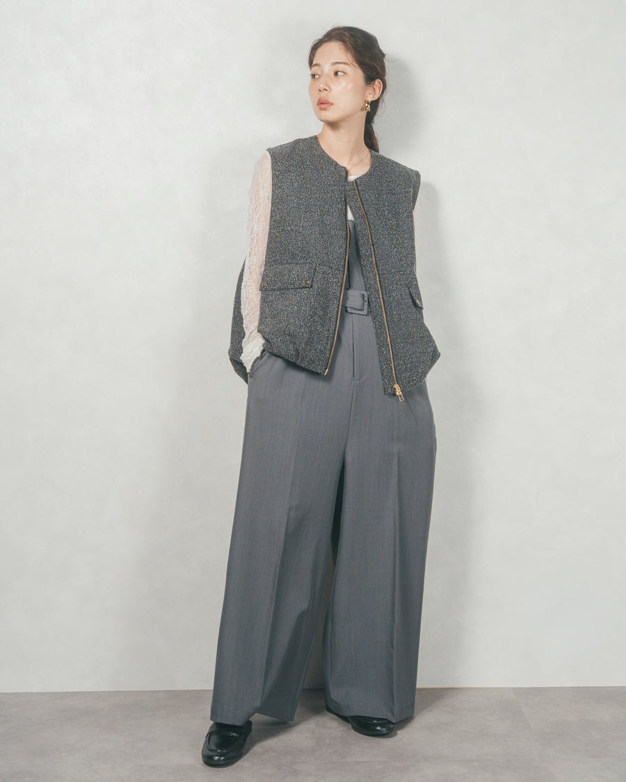 ［SET］ネップ入りTweedバルーンベスト+ウエストベルト付 Twillキャミサロペ（2SET）