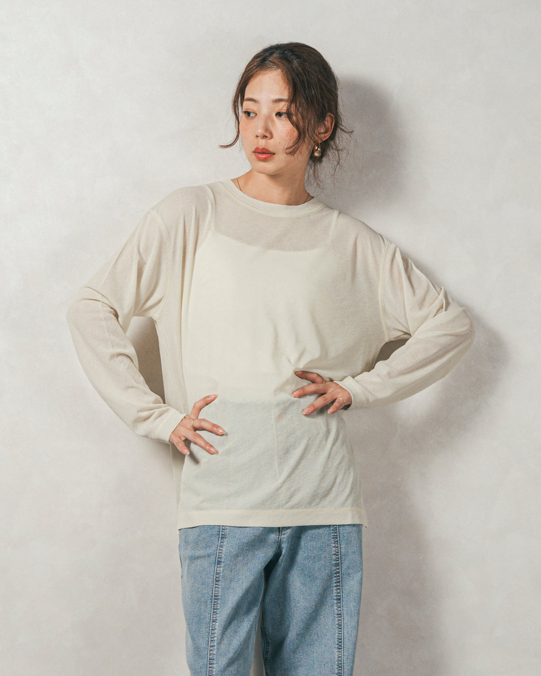 ［SET］ミックスヤーン2WAYカーディガン+スラブシアークルーネックT+センターシーム リラックスカラーデニム（3SET）