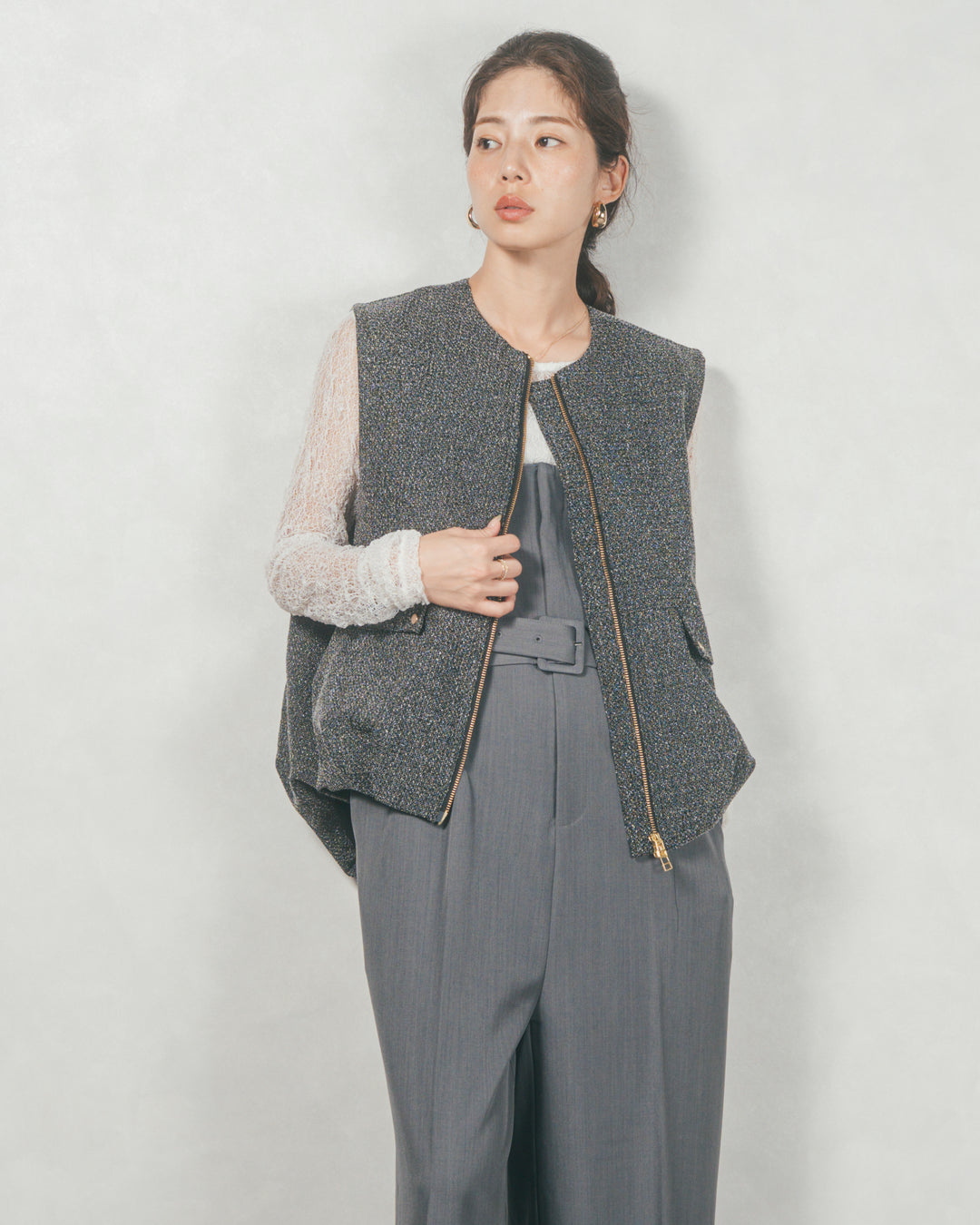 ネップ入りTweedバルーンベスト（BLACK）