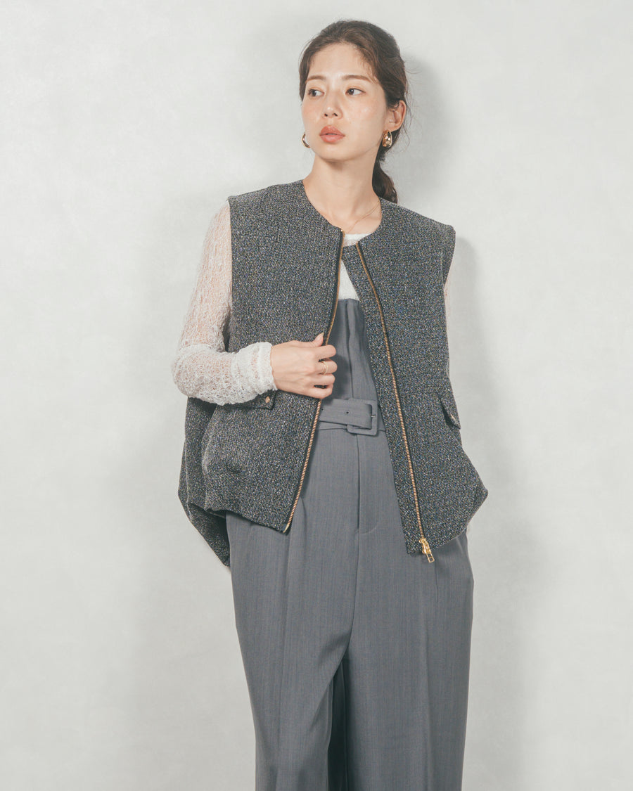 ［SET］ネップ入りTweedバルーンベスト+ウエストベルト付 Twillキャミサロペ（2SET）
