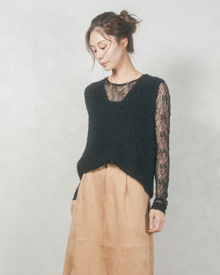 深Vネック ループヤーンニットベスト (BLACK)
