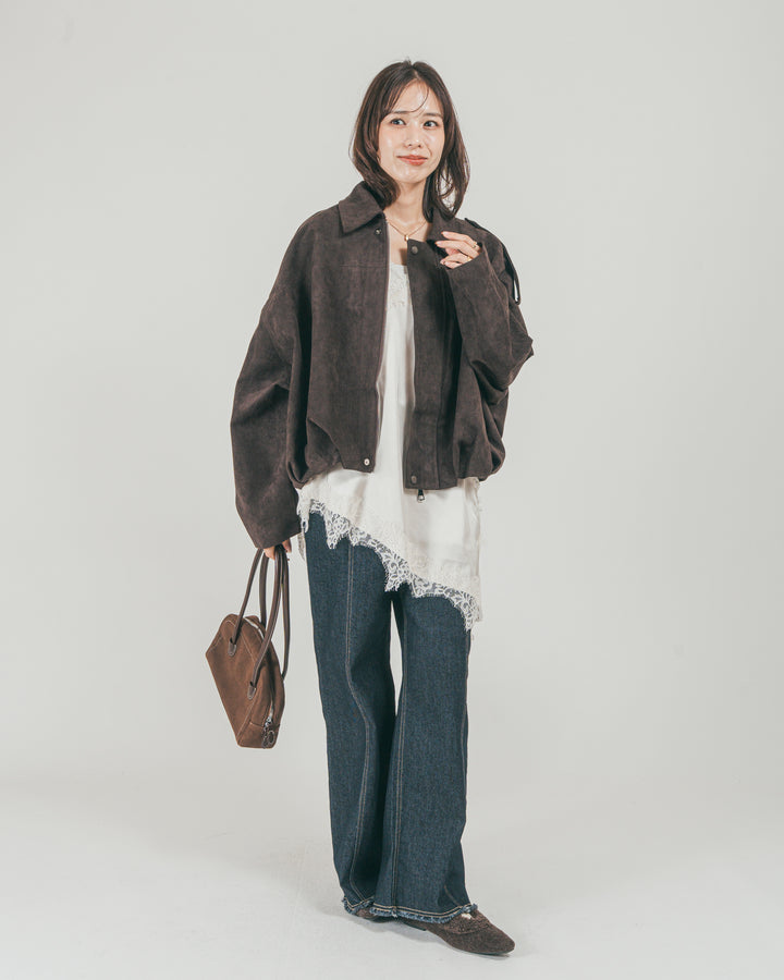 ［SET］ステンカラースウェードブルゾン + センターシーム リラックスデニム + サテンアシメ レースキャミ（3SET）