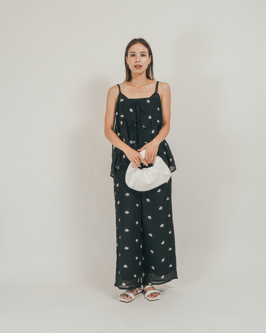 ［SET］フロントリボン刺繍 Veilキャミ + 刺繍 Veilロングパンツ（2SET）