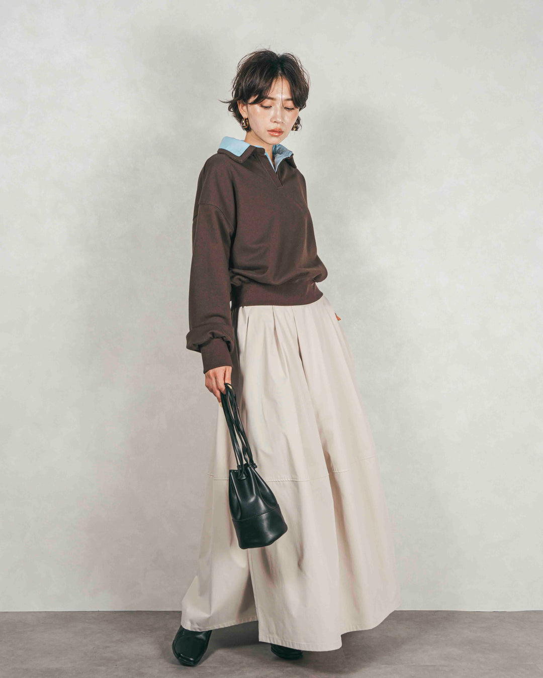 ［SET］シャツ Layered クロップドスウェット+コクーンシルエットロングスカート（2SET）