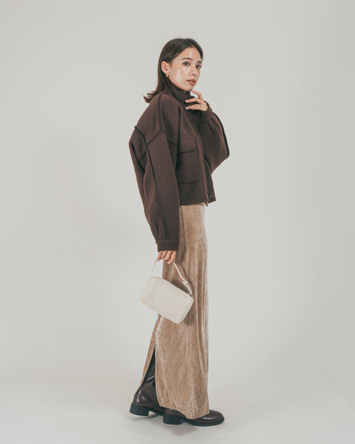 ［SET］Softショートニットブルゾン + ベロア Back Openワンピース（2SET）