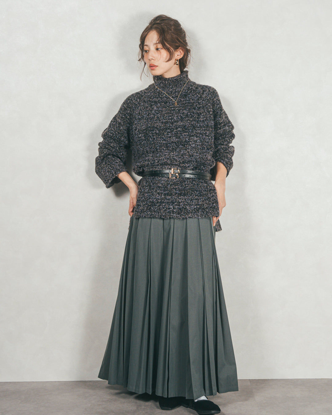 ブークレMix ハイネックニット (BLACK)