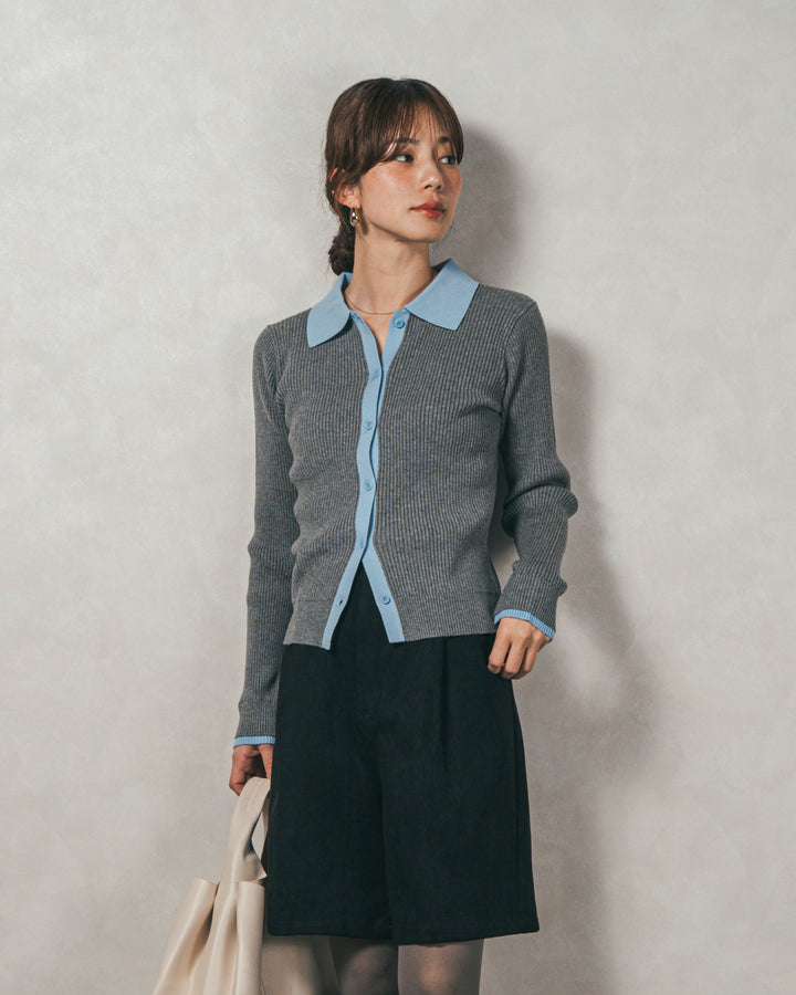 ［SET］バイカラー襟付きニットトップス+スウェードライクハーフパンツ（2SET）