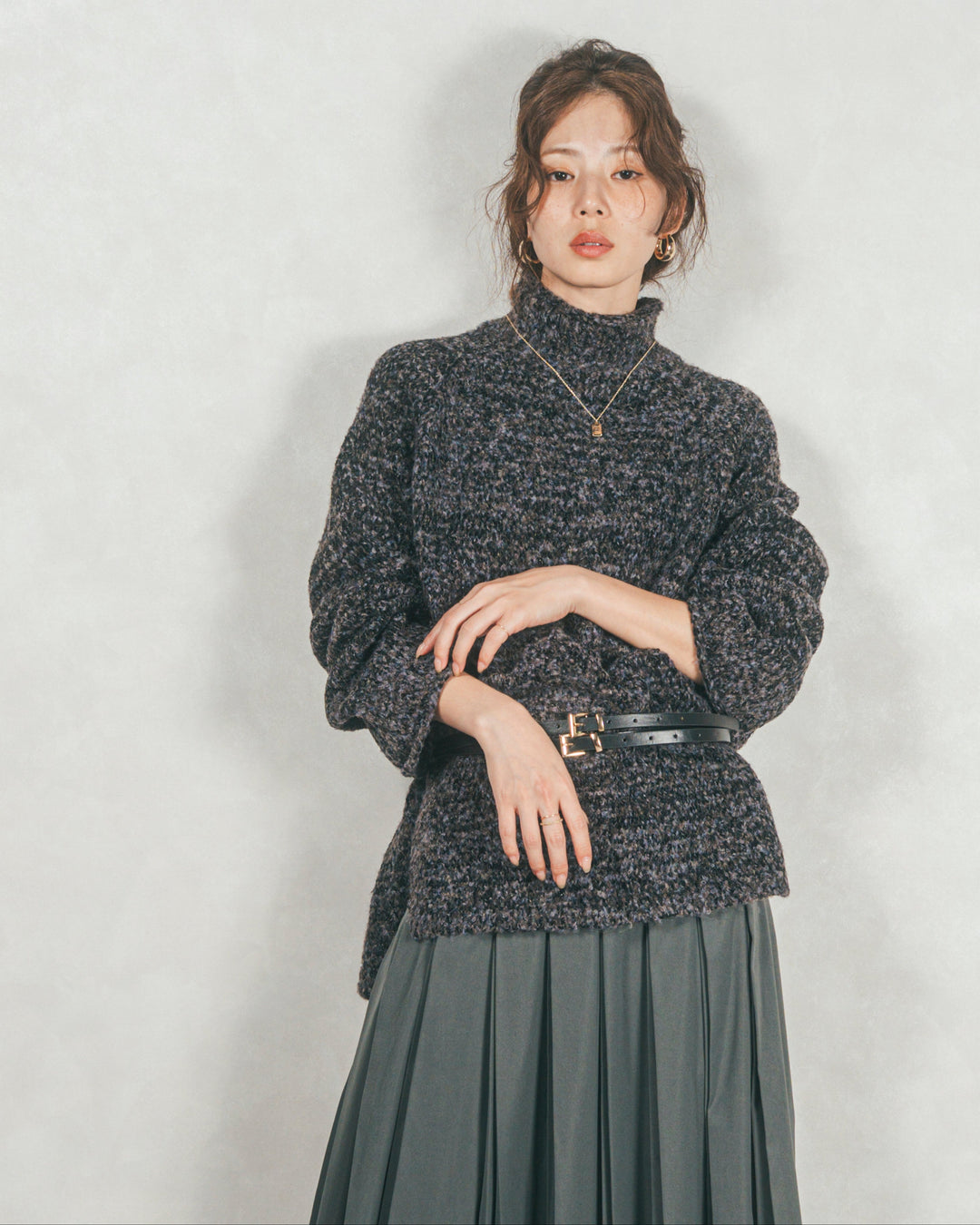 ［SET］ブークレMix ハイネックニット+W-Tuckプリーツロングスカート（2SET）