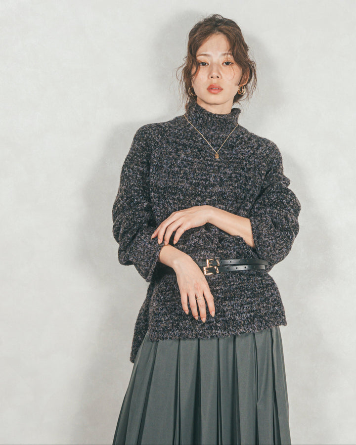 ［SET］ブークレMix ハイネックニット+W-Tuckプリーツロングスカート（2SET）