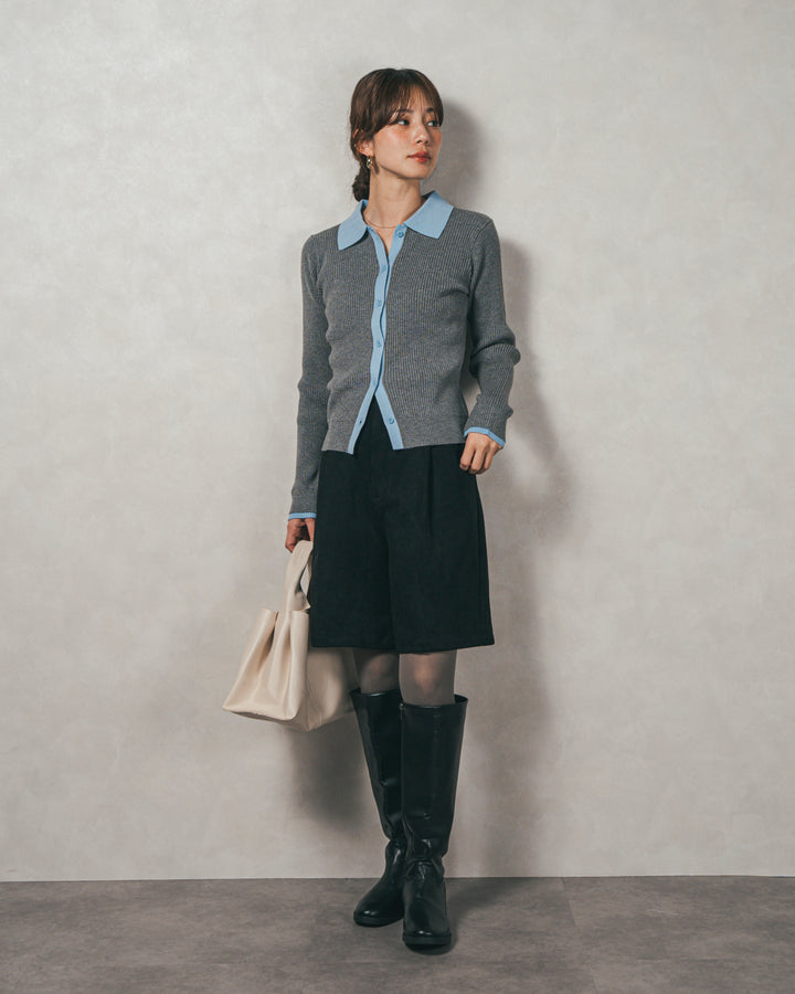 ［SET］バイカラー襟付きニットトップス+スウェードライクハーフパンツ（2SET）