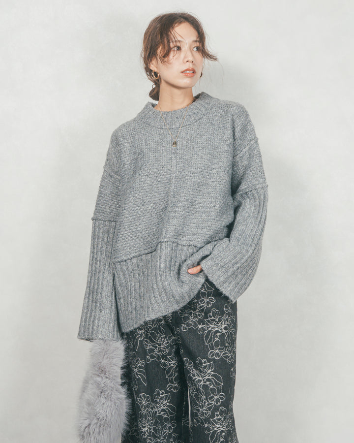 ［SET］リンキングデザイン リラックスニット+フラワージャガードデニム（2SET）