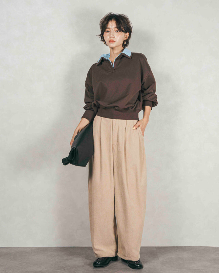 ［SET］シャツ Layered クロップドスウェット+サイドタックコクーンコーデュロイパンツ（2SET）