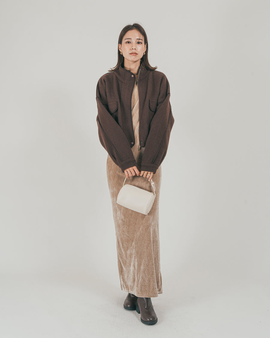 ［SET］Softショートニットブルゾン + ベロア Back Openワンピース（2SET）