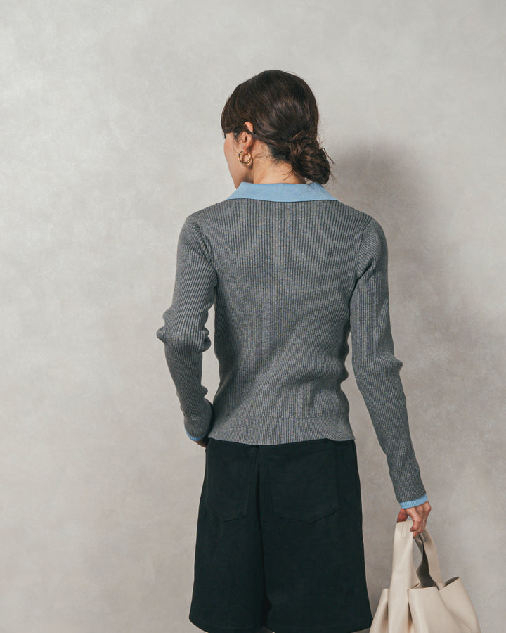 ［SET］バイカラー襟付きニットトップス+スウェードライクハーフパンツ（2SET）