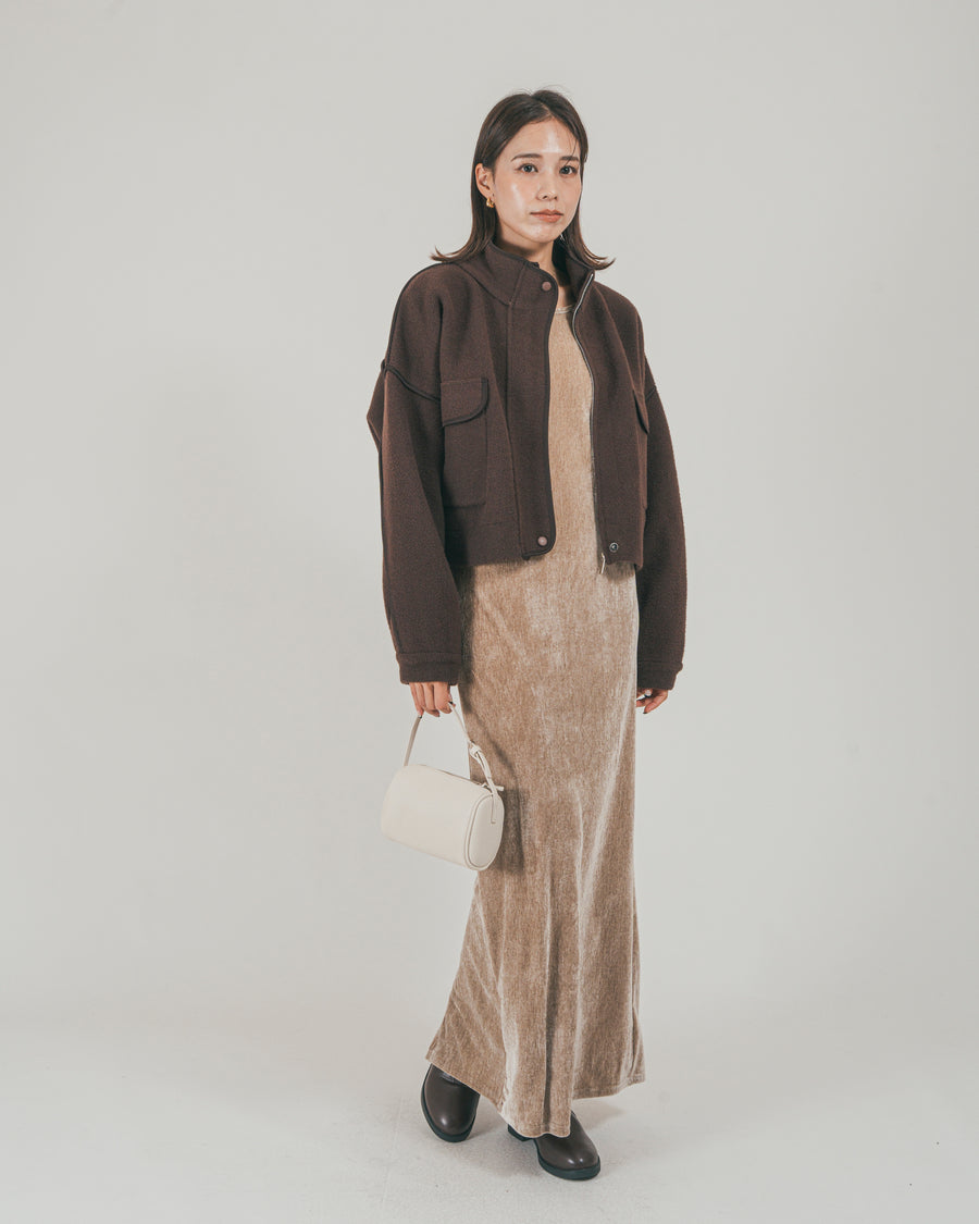 ［SET］Softショートニットブルゾン + ベロア Back Openワンピース（2SET）