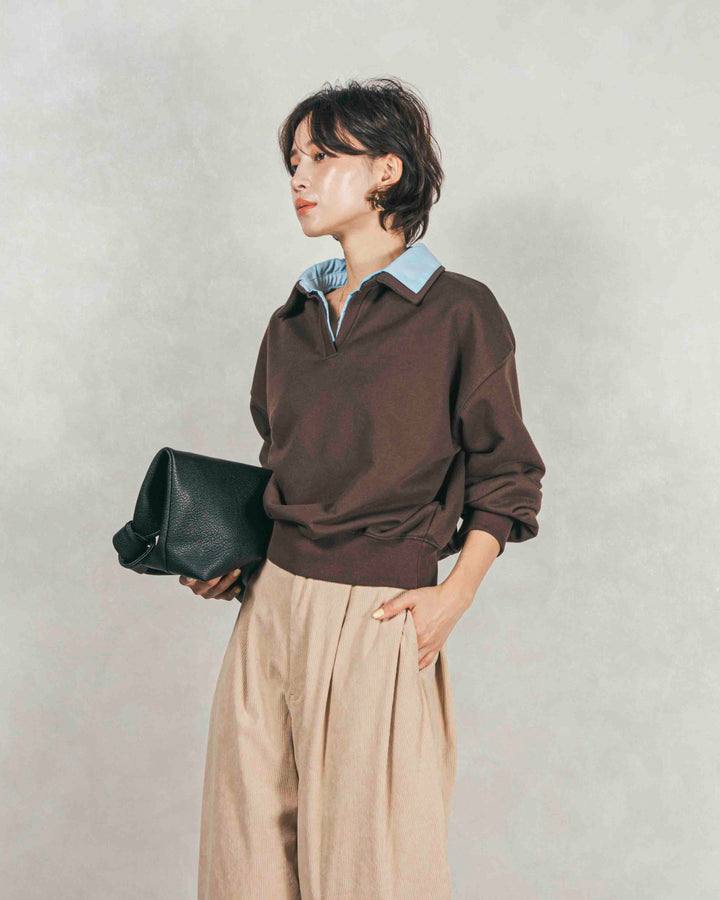 ［SET］シャツ Layered クロップドスウェット+サイドタックコクーンコーデュロイパンツ（2SET）