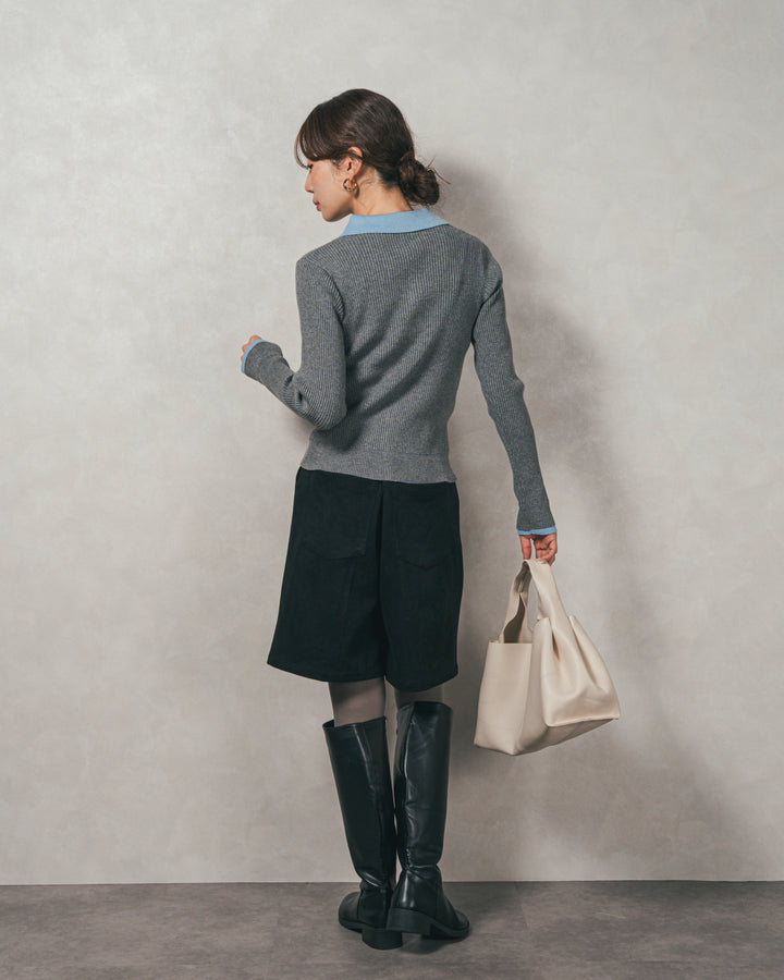 ［SET］バイカラー襟付きニットトップス+スウェードライクハーフパンツ（2SET）