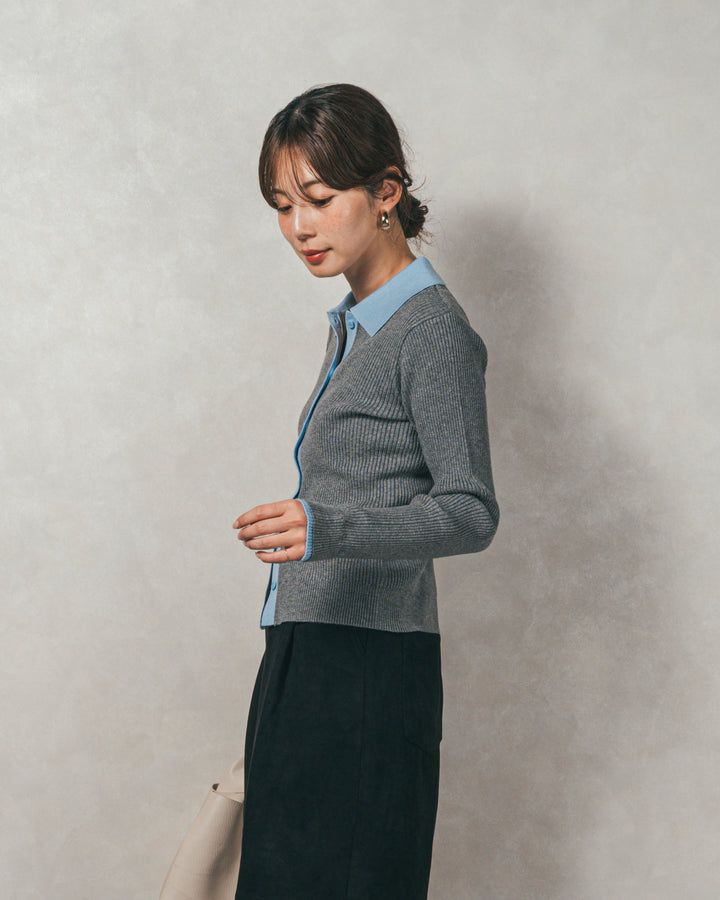 ［SET］バイカラー襟付きニットトップス+スウェードライクハーフパンツ（2SET）