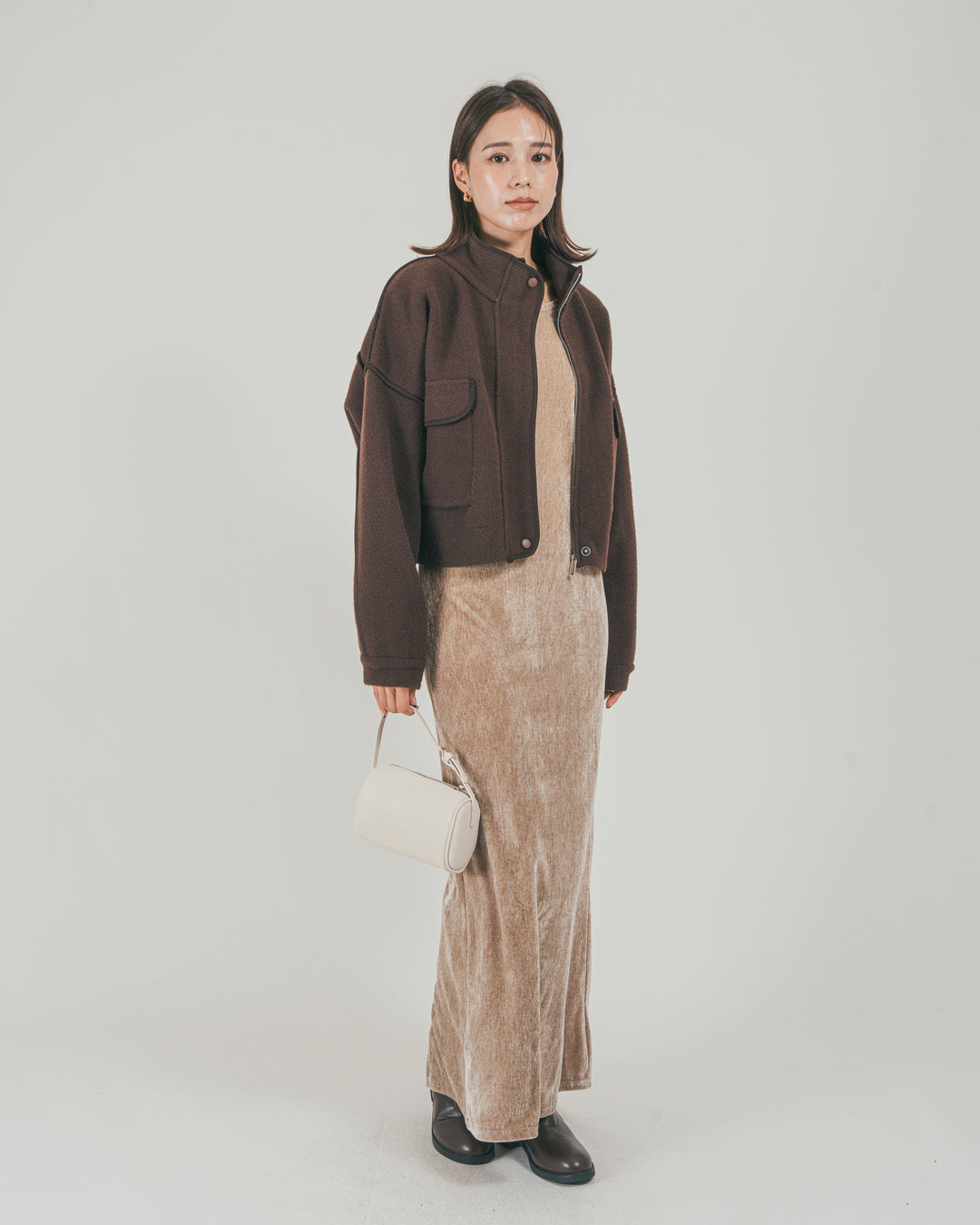 ［SET］Softショートニットブルゾン + ベロア Back Openワンピース（2SET）