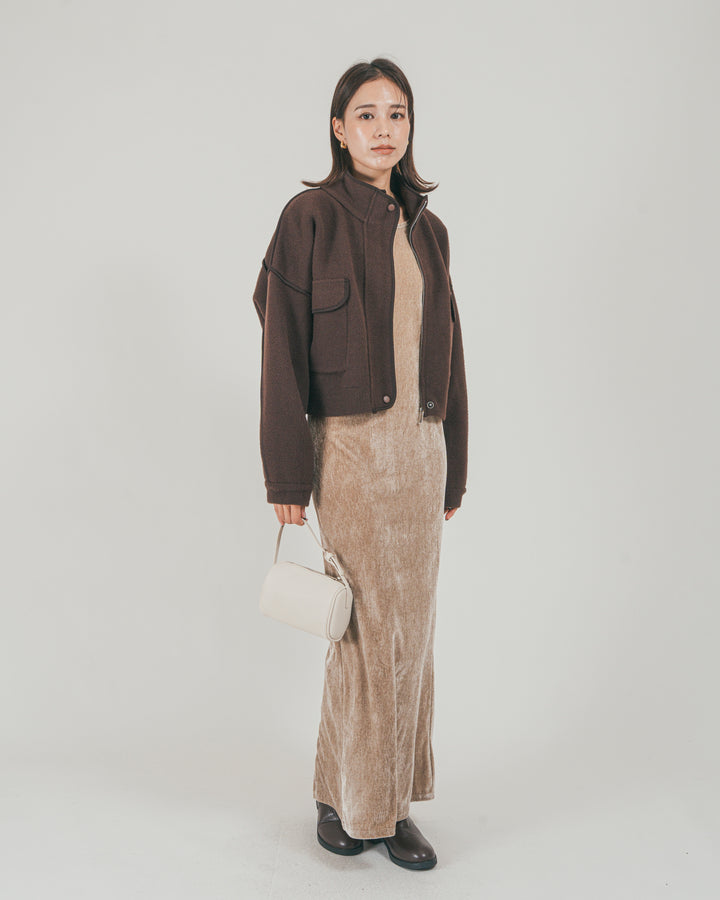 ［SET］Softショートニットブルゾン + ベロア Back Openワンピース（2SET）