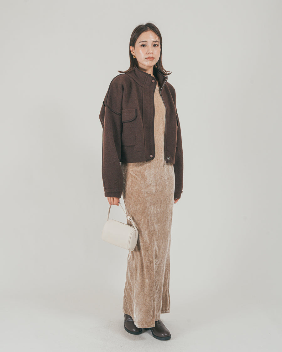 ［SET］Softショートニットブルゾン + ベロア Back Openワンピース（2SET）