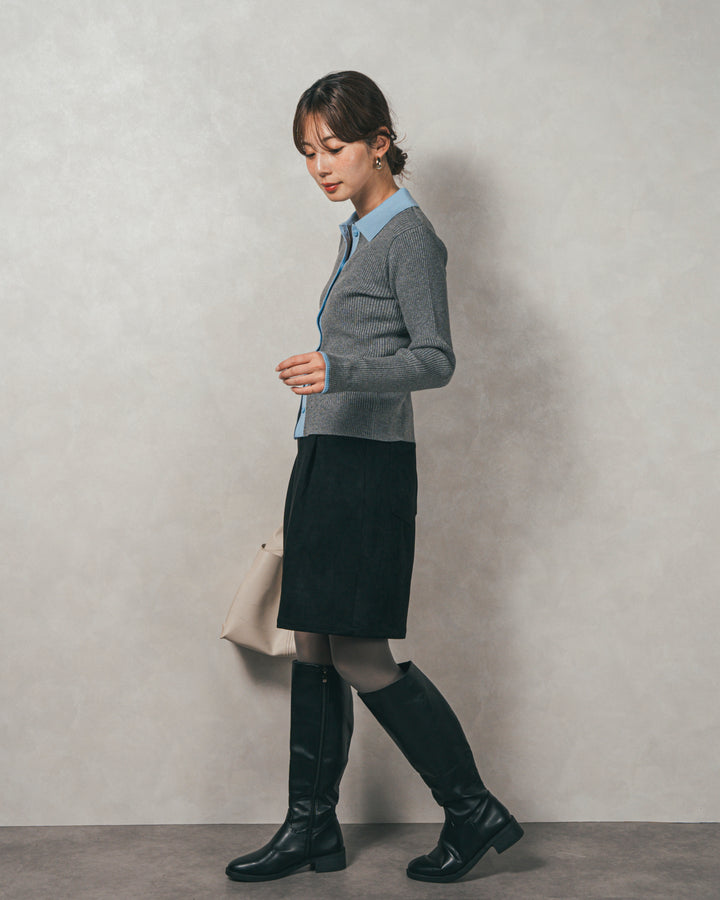 ［SET］バイカラー襟付きニットトップス+スウェードライクハーフパンツ（2SET）