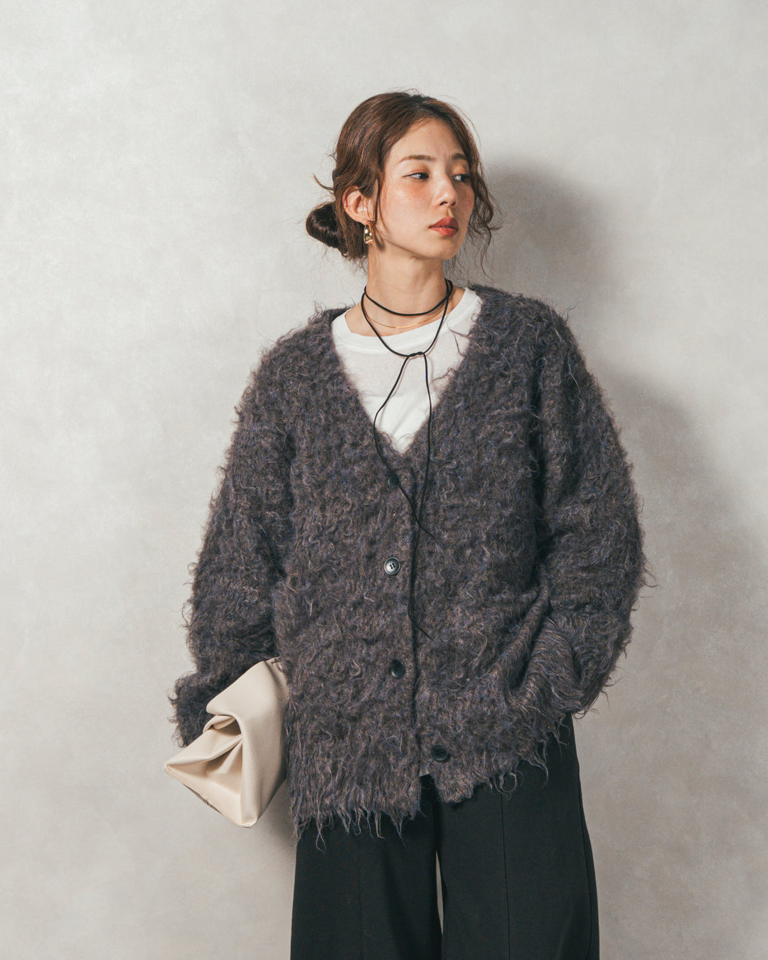 ［SET］Airyフェザー ニットカーディガン+スラブシアークルーネックT+Relax 裏起毛カーブパンツ（3SET）