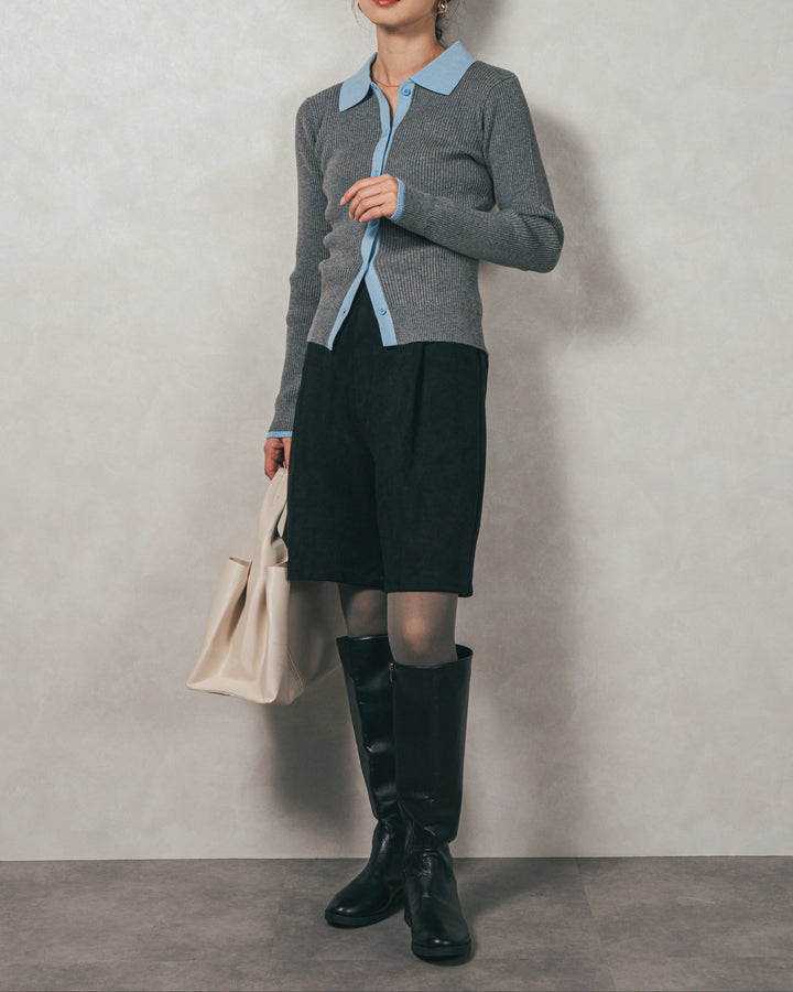 ［SET］バイカラー襟付きニットトップス+スウェードライクハーフパンツ（2SET）