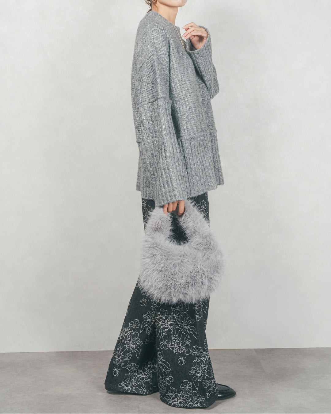 ［SET］リンキングデザイン リラックスニット+フラワージャガードデニム（2SET）