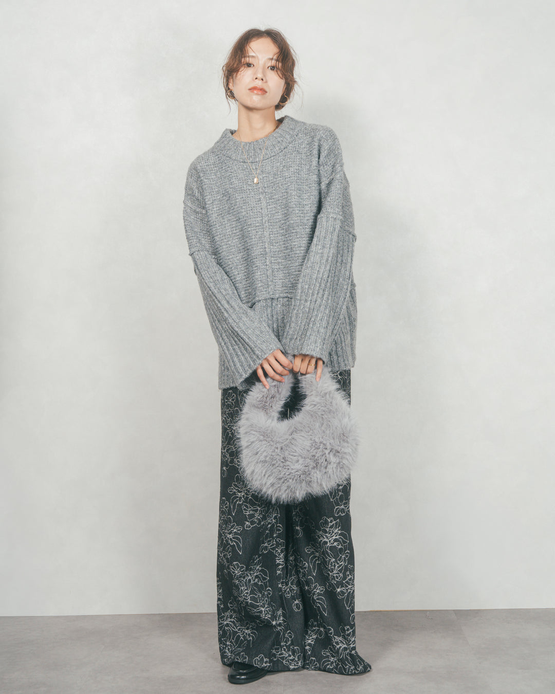 ［SET］リンキングデザイン リラックスニット+フラワージャガードデニム（2SET）