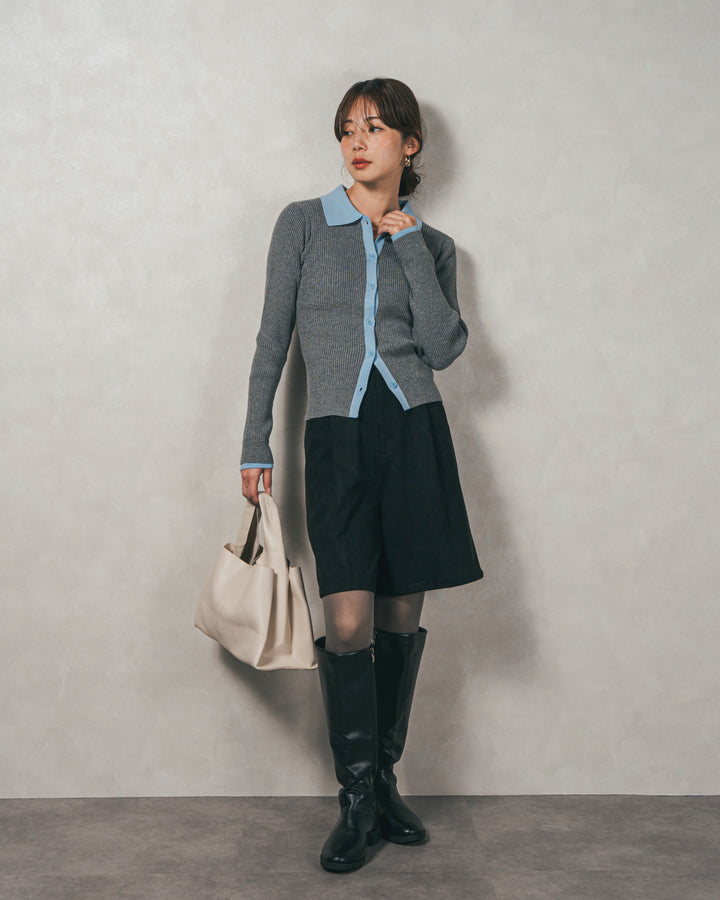 ［SET］バイカラー襟付きニットトップス+スウェードライクハーフパンツ（2SET）