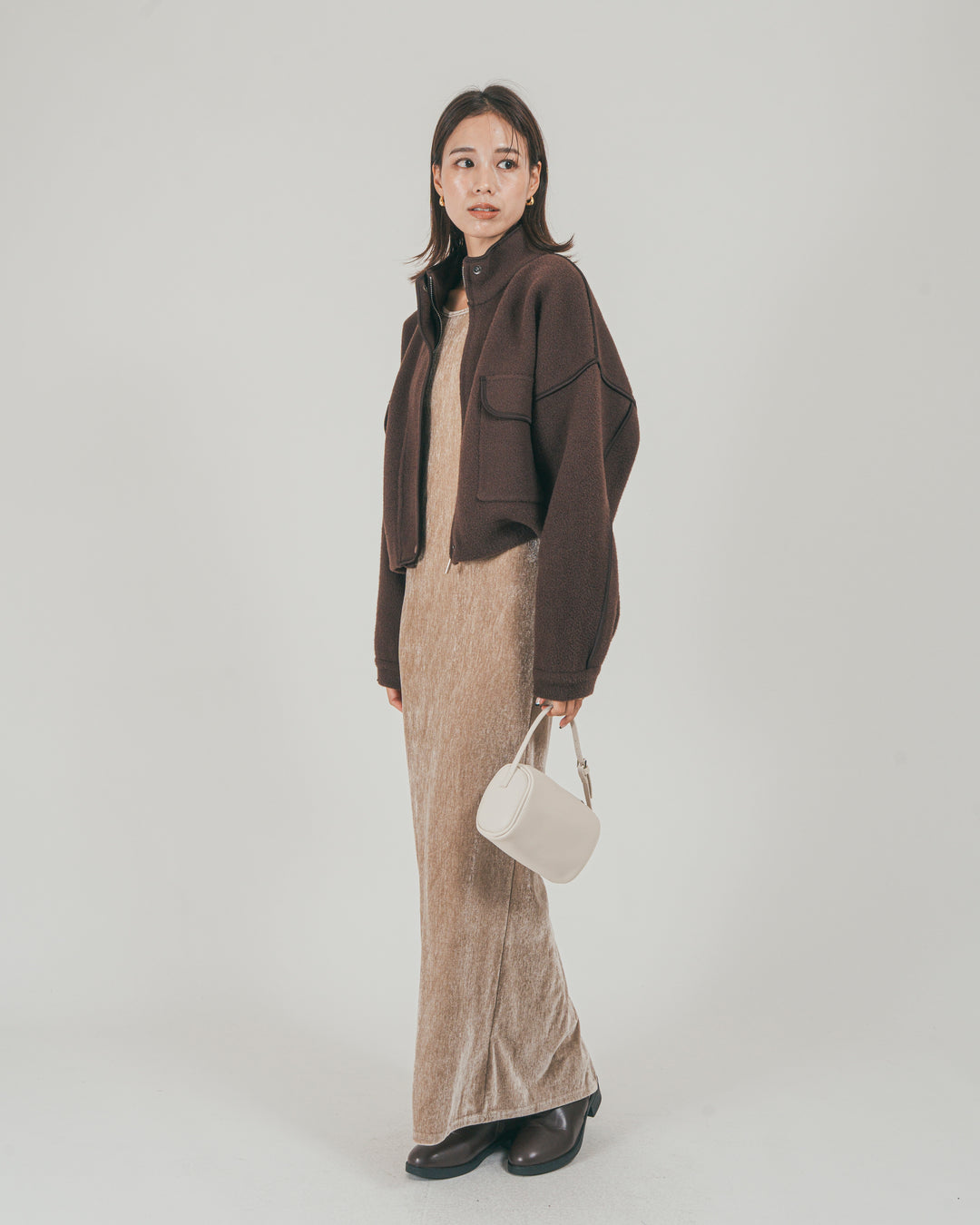 ［SET］Softショートニットブルゾン + ベロア Back Openワンピース（2SET）