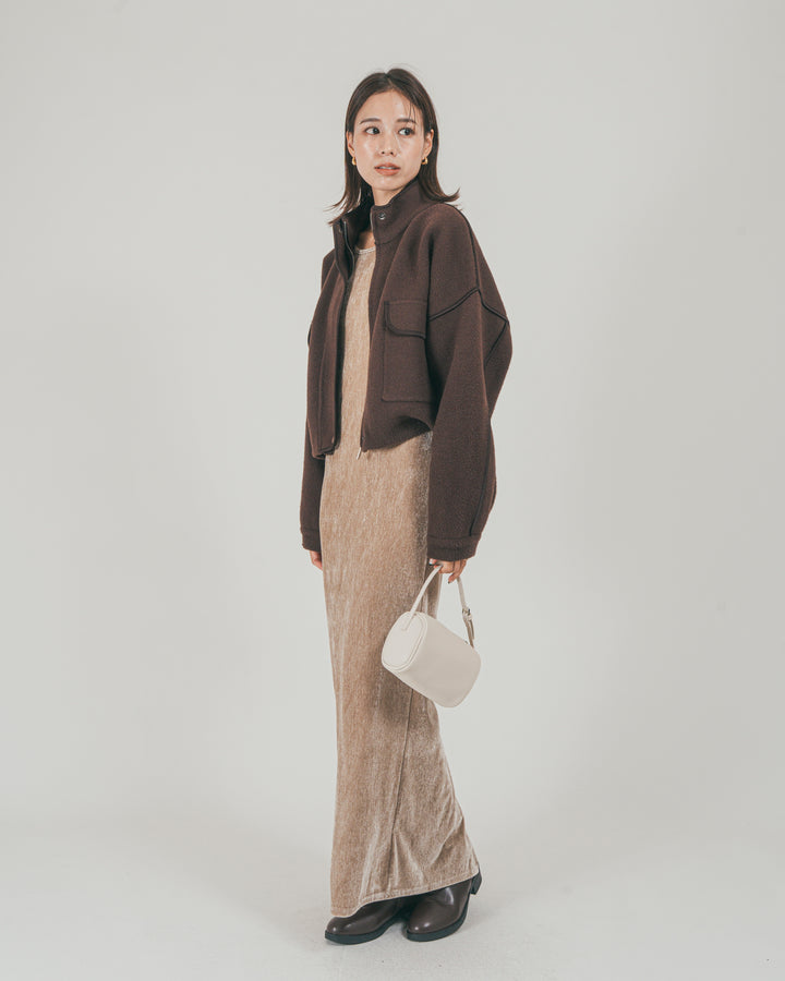 ［SET］Softショートニットブルゾン + ベロア Back Openワンピース（2SET）