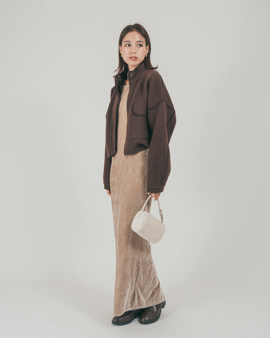 ［SET］Softショートニットブルゾン + ベロア Back Openワンピース（2SET）