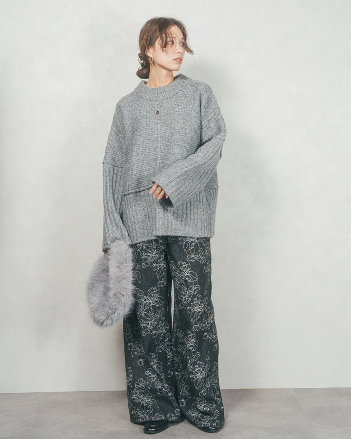 ［SET］リンキングデザイン リラックスニット+フラワージャガードデニム（2SET）