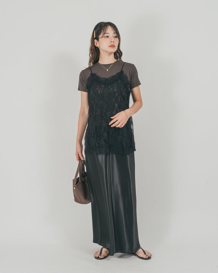 ［SET］ラッセルレース キャミ + 【接触冷感・UVカット・防臭】コンパクト半袖Tee + サテンNarrowスカート（3SET）