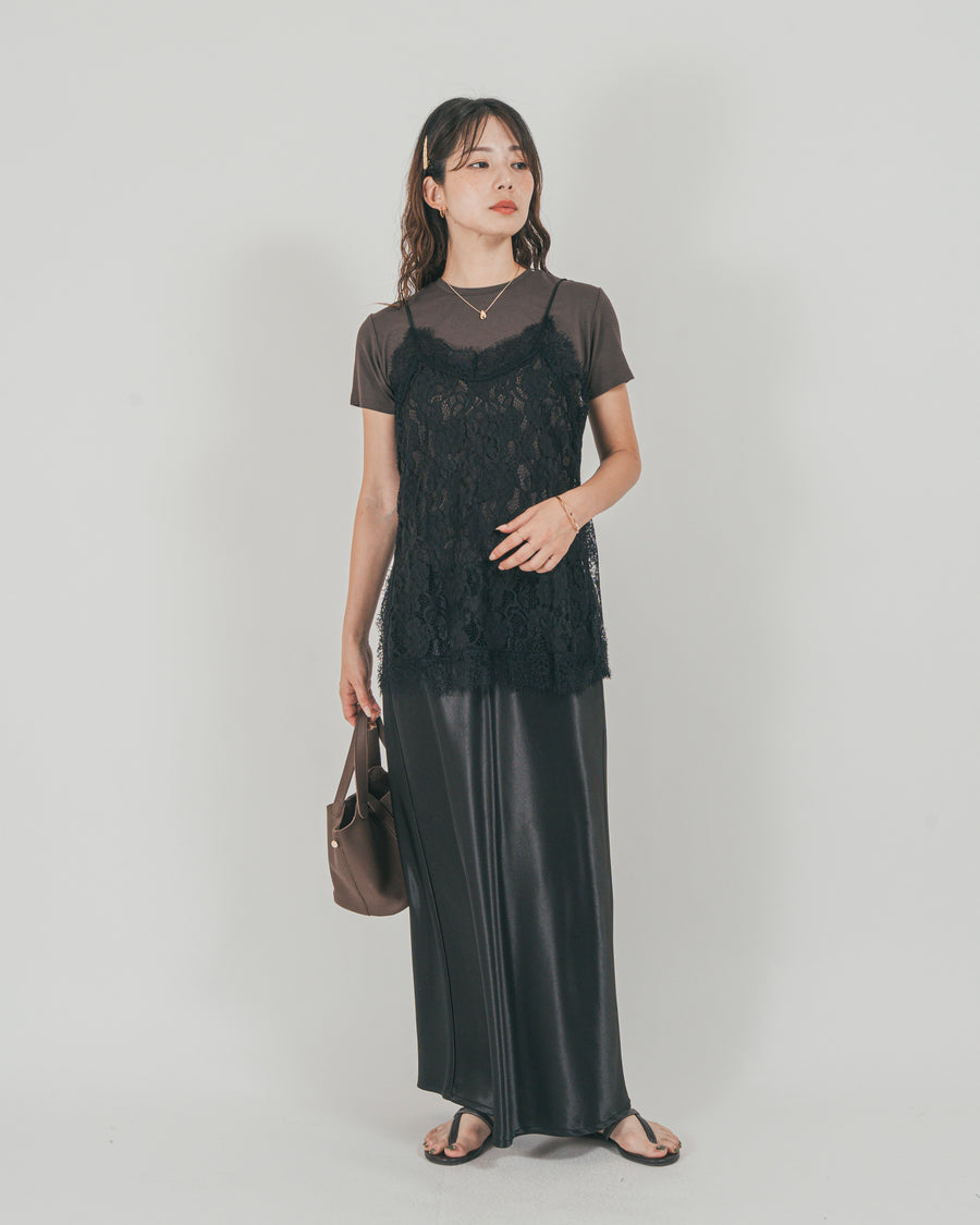 ［SET］ラッセルレース キャミ + 【接触冷感・UVカット・防臭】コンパクト半袖Tee + サテンNarrowスカート（3SET）