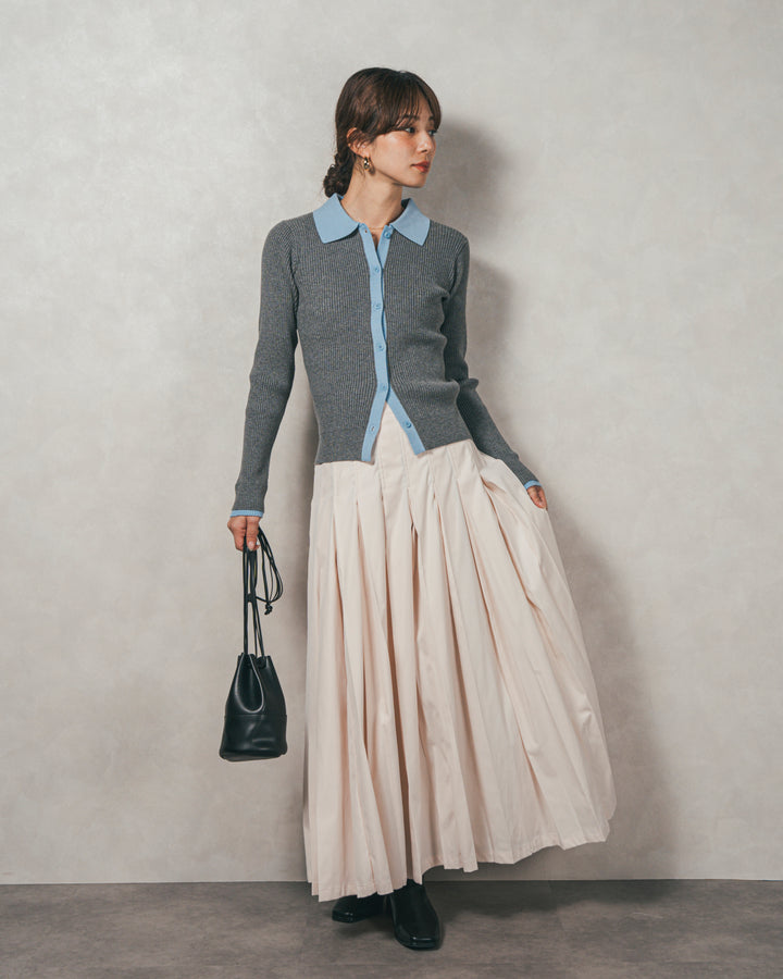 ［SET］バイカラー襟付きニットトップス+W-Tuckプリーツロングスカート（2SET）