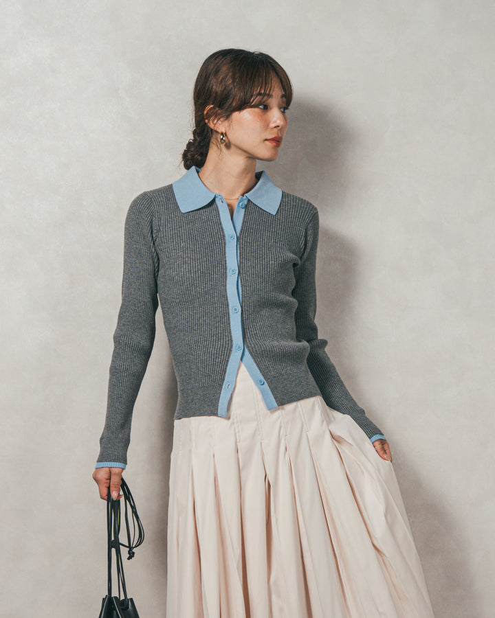 ［SET］バイカラー襟付きニットトップス+W-Tuckプリーツロングスカート（2SET）