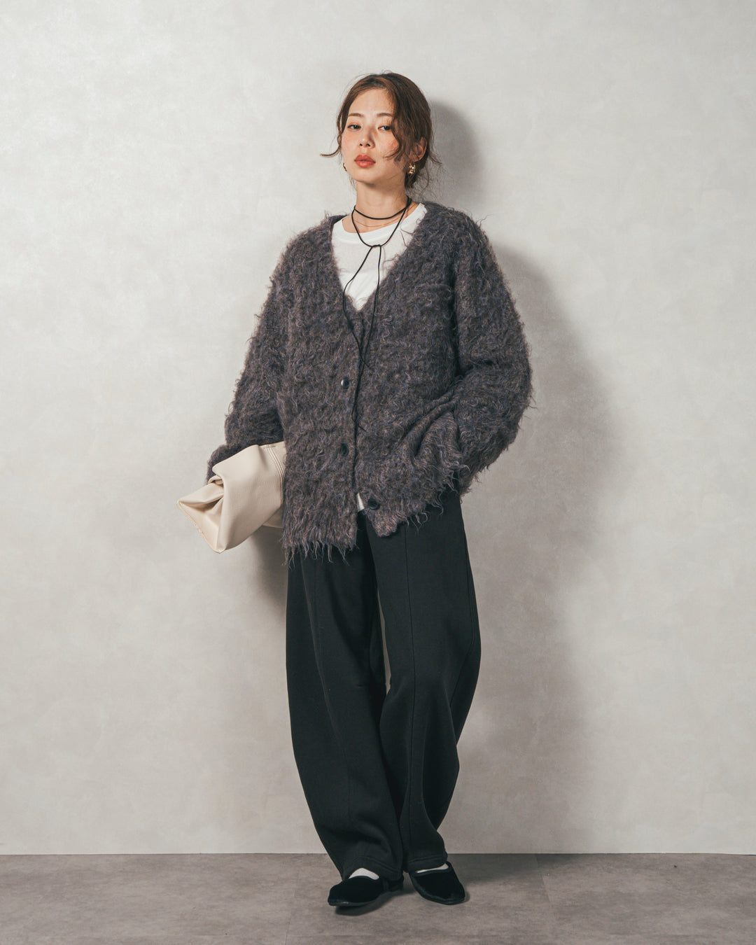 ［SET］Airyフェザー ニットカーディガン+スラブシアークルーネックT+Relax 裏起毛カーブパンツ（3SET）