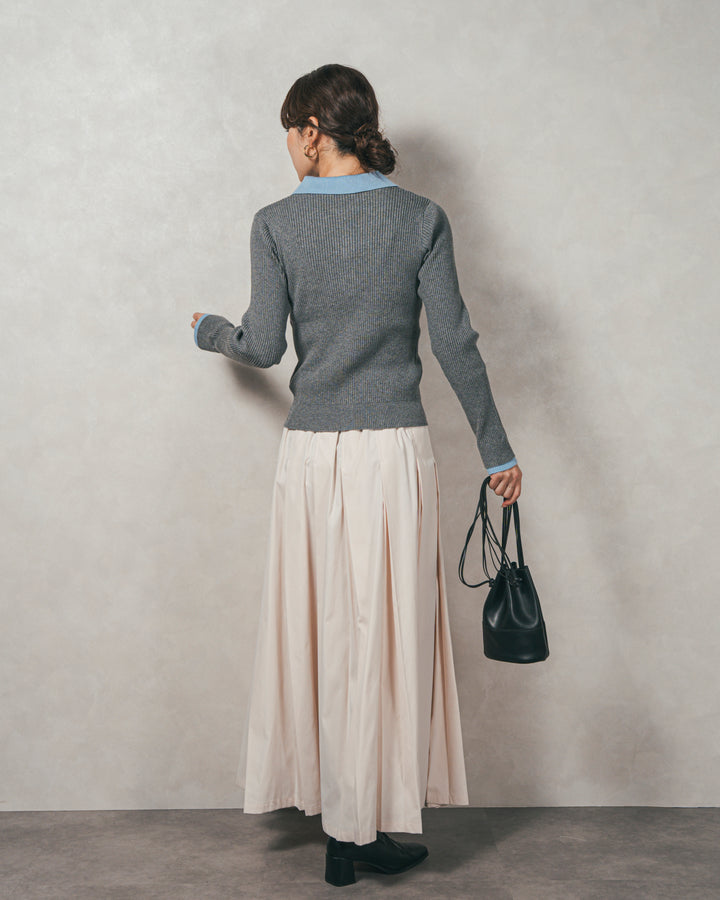 ［SET］バイカラー襟付きニットトップス+W-Tuckプリーツロングスカート（2SET）
