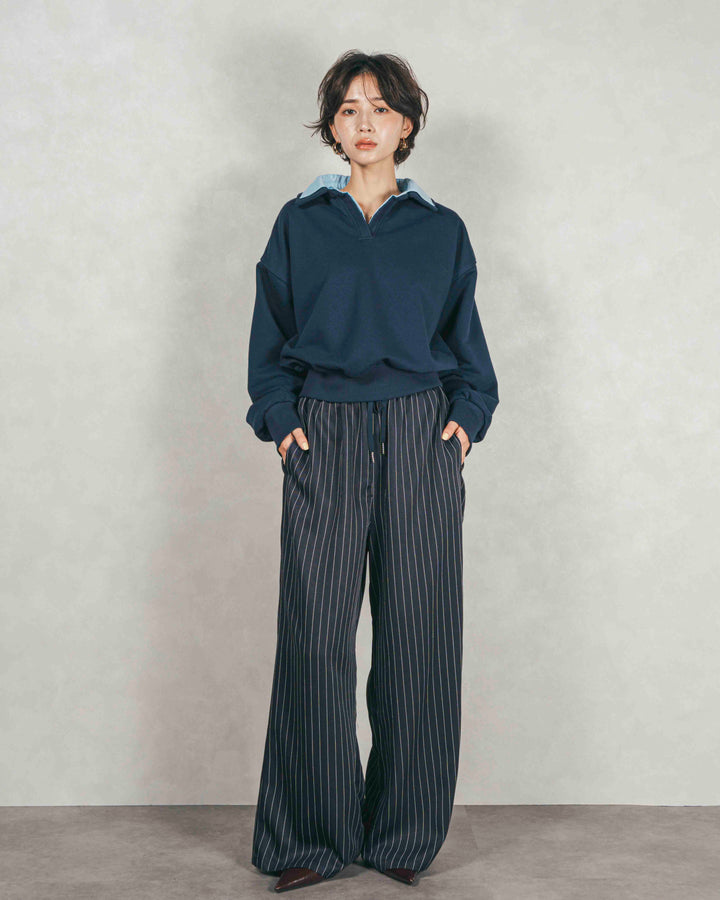 ［SET］シャツ Layered クロップドスウェット+Relaxストライプパンツ（2SET）