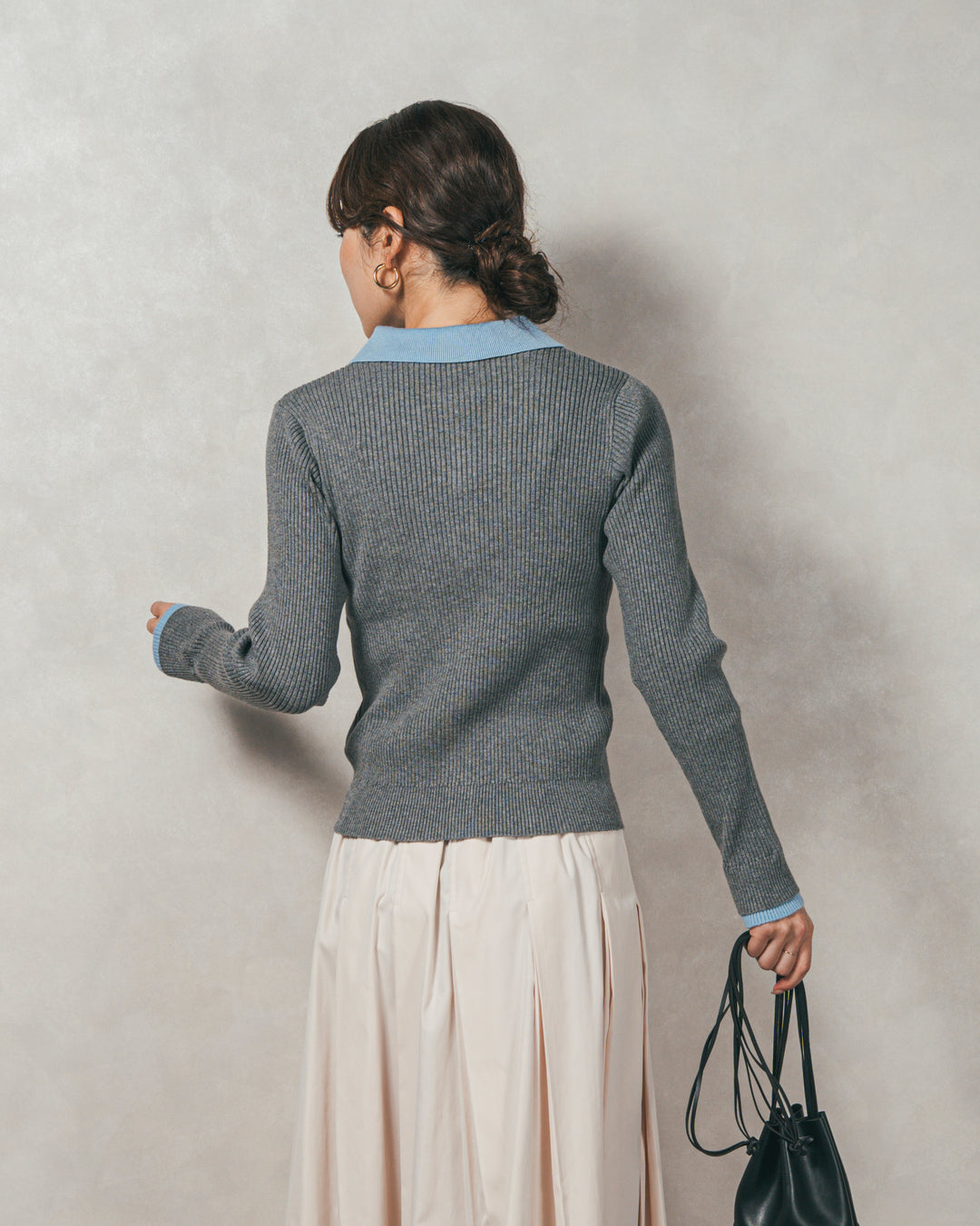 ［SET］バイカラー襟付きニットトップス+W-Tuckプリーツロングスカート（2SET）