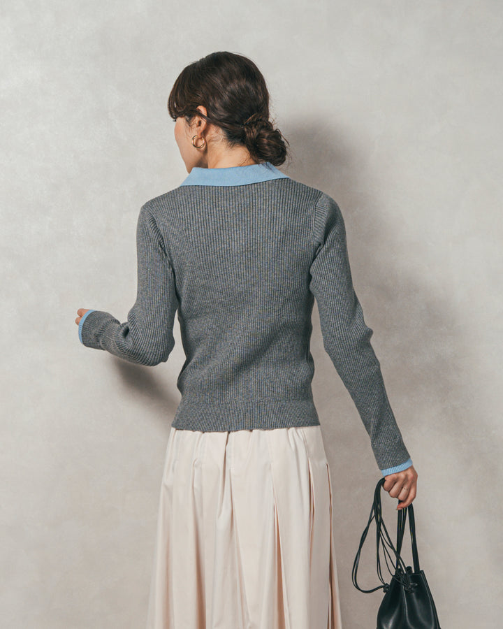 ［SET］バイカラー襟付きニットトップス+W-Tuckプリーツロングスカート（2SET）