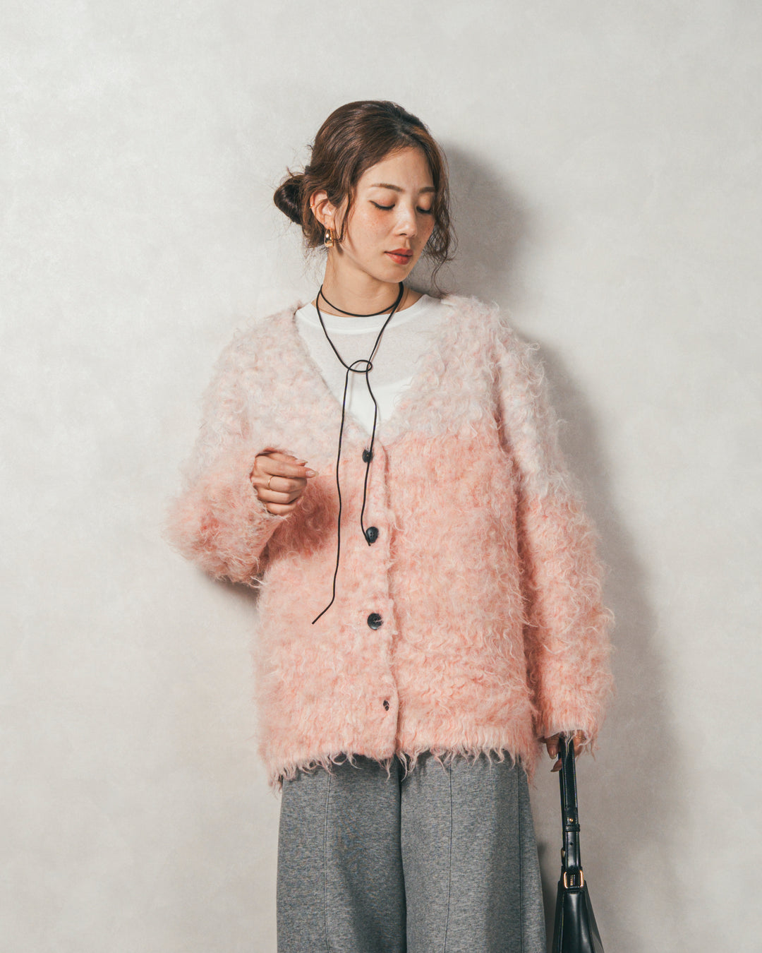 ［SET］Airyフェザー ニットカーディガン+スラブシアークルーネックT+Relax 裏起毛カーブパンツ（3SET）