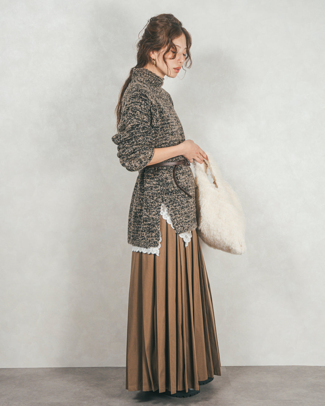 ［SET］ブークレMix ハイネックニット+W-Tuckプリーツロングスカート（2SET）