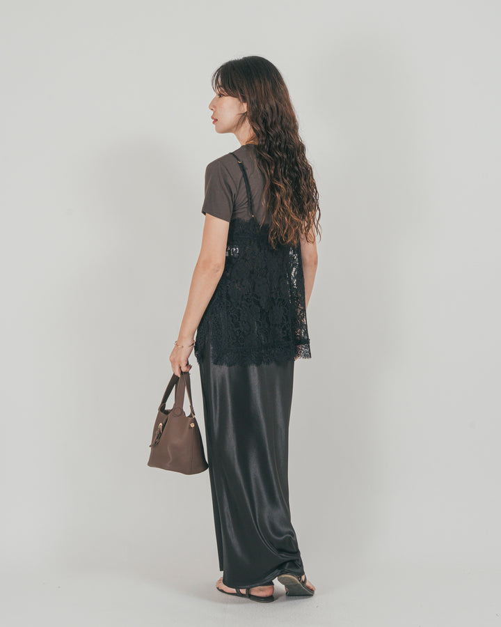 ［SET］ラッセルレース キャミ + 【接触冷感・UVカット・防臭】コンパクト半袖Tee + サテンNarrowスカート（3SET）