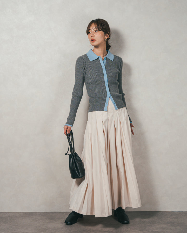 ［SET］バイカラー襟付きニットトップス+W-Tuckプリーツロングスカート（2SET）